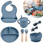 Imagem de Kit Infantil de Silicone para Alimentação, Prato com Ventosa, Copo, Talheres e Tigela,  Babador