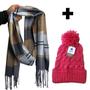 Imagem de Kit Inverno Frio Cachecol Xadrez Blogueira Com Touca Pompom Quentinha