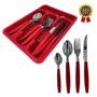 Imagem de Kit Jogo Talheres Faqueiro Completo 25 Peças  Aço Inox Com Gaveteiro Vermelho