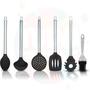 Imagem de Kit Jogo Talheres Silicone Cabo Inox De Cozinha 6 Peças Colher Concha Escumadeira Espátula Pincel Pegador
