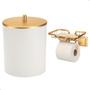 Imagem de Kit Lavabo Papeleira Dourada Com Porta Celular e  Lixeira Branca 5L com Tampa Dourada