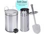 Imagem de Kit Lixeira Inox 5 Litros Fechamento Automático e Escova Sanitária Fechamento Suave Banheiro