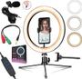 Imagem de Kit Microfone de Lapela + Luz Iluminador Anel Led Ring Light Tripé de Mesa Celular Smartphone Universal Gravação Vídeo