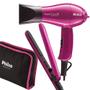 Imagem de Kit Mini Secador De Cabelo Philco e Chapinha Pequeno Viagem Dobravel Bivolt Com Bolsa Rosa