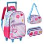 Imagem de Kit mochila carrinho infantil 2 em 1 16", lancheira térmica 9" e estojo escolar duplo holográfico Happy Clio Style