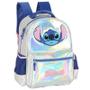 Imagem de Kit mochila de costas juvenil, lancheira térmica e estojo escolar holográfico prata Stitch Disney