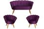 Imagem de Kit Namoradeira + 2 Poltronas Decorativa Pétala Veludo Roxo Pés Madeira Mz Decor