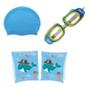Imagem de Kit Natação Touca de Silicone Azul Não Molha + Oculos Natação Azul + Boia de Braço Até 30 Kg Tubarão