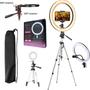 Imagem de Kit Para Gravação de Vídeo Profissional Tripé Telescópico Microfone de Lapela Celular Youtuber + Iluminador Ring Light