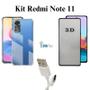 Imagem de Kit Película 3D de Vidro + Capinha Transparente + Cabo Carregador Tipo C para Redmi Note 11