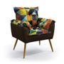Imagem de Kit Poltrona Almofadada Beta e Puff Solar F-015 N-027 Sued Estampado Colorido com Veludo Marrom Choc