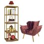 Imagem de Kit Poltrona Fatte com Manta Soft Bordô e Estante Livreiro Ferro Dourado MDF Castanho Suede Rose Gold - Ahz Móveis