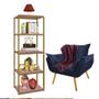 Imagem de Kit Poltrona Fatte com Manta Soft Bordô e Estante Livreiro Ferro Dourado MDF Rose Suede Azul Marinho - Ahz Móveis