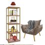 Imagem de Kit Poltrona Fatte com Manta Soft Cinza e Estante Livreiro Ferro Dourado MDF Rose Suede Bege - Ahazzo Móveis