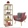 Imagem de Kit Poltrona Fatte com Manta Soft Cinza e Estante Livreiro Ferro Dourado MDF Rose Suede Rose Gold - Ahz Móveis