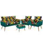Imagem de Kit Poltrona Namoradeira e 2 Poltronas Estofadas Beta com Puff Lunar Sued Estampado Colorido com Azul Turquesa Aradecor