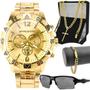 Imagem de Kit Presente Relogio banhado masculino + cordão + oculos sol presente religioso proteção uv social ouro 