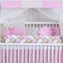 Imagem de Kit Protetor Berço Trançado Menina Florido Laço Doce de Bebê Rosa + Almofada Amamentação 12 peças
