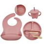 Imagem de Kit Refeição Bebê Silicone Colher Pratinho Babador Infantil Ventosa 6 Peças