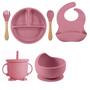 Imagem de Kit Refeição Bebê Silicone Colher Pratinho Babador Infantil Ventosa 6 Peças