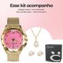 Imagem de Kit Relógio Feminino Dourado Fundo Rosa Pequeno Prova D'água Luxo Banhado + Pulseira + Colar Prata