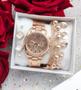 Imagem de Kit Relógio Feminino Pallyjane Prova D'água Todo em aço Inoxidável Dourado Rose com Pulseira e Brincos + Caixa