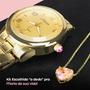Imagem de Kit Relógio Feminino Quartz Dourado Original + Colar Coração Banhado a Ouro + Pulseira em Ouro