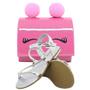 Imagem de Kit Sandalia Rasteira Infantil Menina Macia Leve Prata Tira Strass E Bolsa Pompom Moderna Delicada