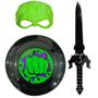 Imagem de Kit Super Herói Infantil Máscara Escudo e Espada do Verde Huk 