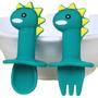 Imagem de Kit Talher Infantil Colher + Garfo Silicone Dinossauro Bebês