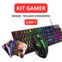 Imagem de Kit Teclado Preto Gamer Semi Mecânico Led Rgb Silencioso Macio 4000DPI Conexão USB Mouse Com fio Colorido Com MousePad