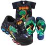 Imagem de Kit Tênis De Led Infantil Menino Masculino Dinossauro + Chinelo + Camisa