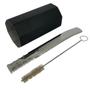Imagem de Kit tereré inox luxo copo cuia octogonal 300ml preto + bomba tela frisado lateral 20cm larga prata + escova higiene