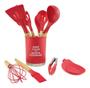 Imagem de Kit Utensílios Cozinha Silicone Madeira Espátula Pegador Vermelho 13 Peças Unyhome SU201322