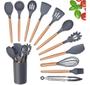 Imagem de Kit Utensílios Cozinha Talher Silicone 12 Peças Cabo Madeira