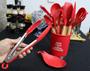 Imagem de Kit Utensílios de silicone cozinha vermelho com suporte 13peças madeira colher concha espatula livre de bpa uni su201322