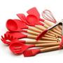 Imagem de Kit Utensílios de Silicone para Cozinha 13 peças Vermelho Com Cabo de Madeira Jogo para Cozinha