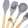 Imagem de Kit Utensílios Silicone Cinza Cabo Madeira Prime 6 Peças Com Pote Escorredor - Quality House