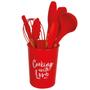 Imagem de Kit Utensílios Silicone Vermelho Cabo Madeira Prime 6 Peças Com Pote Escorredor - Quality House