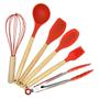 Imagem de Kit Utensílios Silicone Vermelho Cabo Madeira Prime 6 Peças Com Pote Escorredor - Quality House