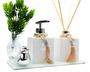 Imagem de Kit Vidros Luxo Para Banheiro Lavabo Cubo Branco 250ml Vál. Sabonete e Difusor + Bandeja e Enfeite
