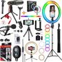 Imagem de Kit Youtuber Microfone Mesa Profissional Lapela Tripé 2,10m Universal Celular Iluminador Ring Light Luz Led Colorido Rgb