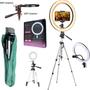 Imagem de Kit Youtuber Profissional Lapela + Microfone Condensador Mesa Tripé 1,30m Celular Luz Iluminador Ring Light 26cm Lentes