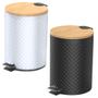 Imagem de Lixeira 5L Cozinha Banheiro Escritório Com Pedal Cesto de Lixo Preto Branco Tampa Em Bambu Com Amortecedor