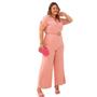 Imagem de Macacão Plus Size longo feminino com cinto pantalona elegante em linho confortável