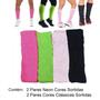 Imagem de Meia Aeróbica Fitness Academia: Kit 2 Pares Neon e 2 Pares Cores Lisas e Sortidas