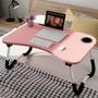 Imagem de Mesa dobrável rosa para notebook com suporte e porta copo sofá