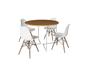 Imagem de Mesa Industrial Base Ferro Branco em  V  Tampo 110cm Canela 4 Cadeiras Eames Madeira Assento Branco