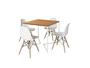 Imagem de Mesa Industrial Base Ferro Branco em  V  Tampo 90x90 Canela  4 Cadeiras Eames Madeira Assento Branco