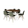 Imagem de Mesa Industrial Retangular Amêndoa Base V Aço Branco 137x90cm 6 Cadeiras Madeira Estofadas Verdes